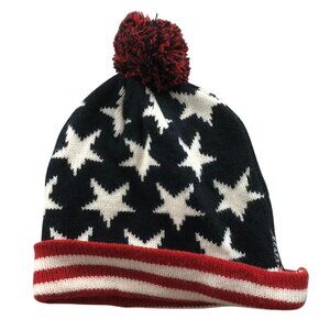 Old Navy Mens Beanie Hat One Size Patriotic Americcan Flag Pom-Pom Red Knit Cozy